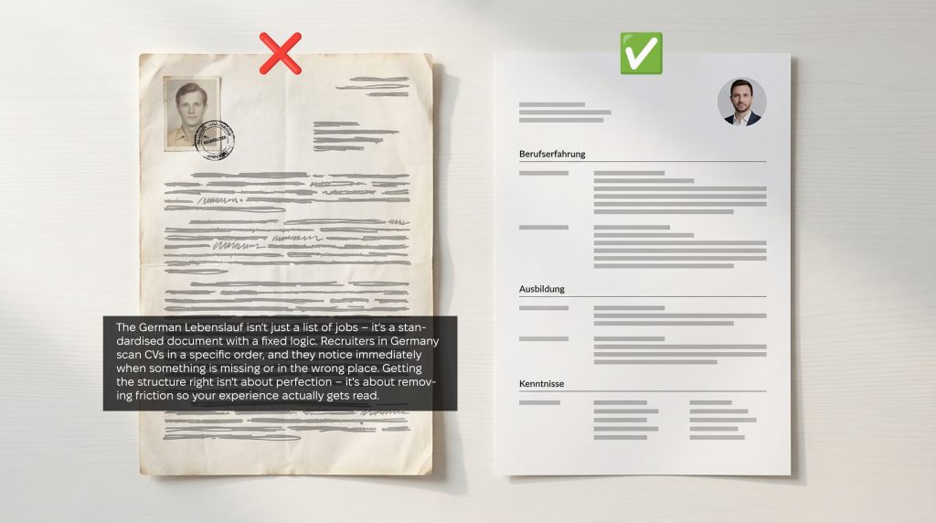 The German Lebenslauf follows a fixed section order. Recruiters expect it — deviating signals that you don't know the market.